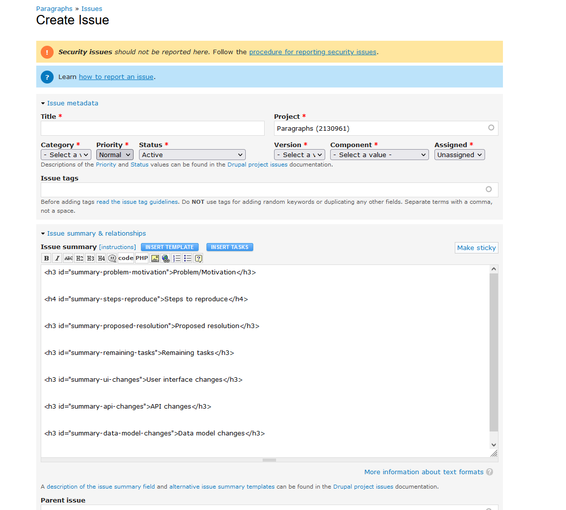 Screenshot of create new issue form