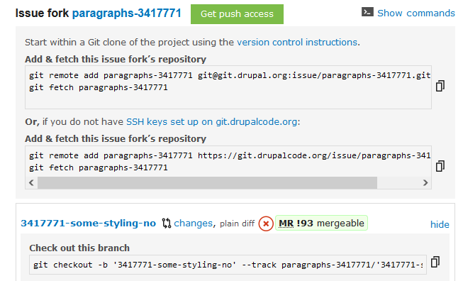 Screenshot of Issue fork info widget with visible commands