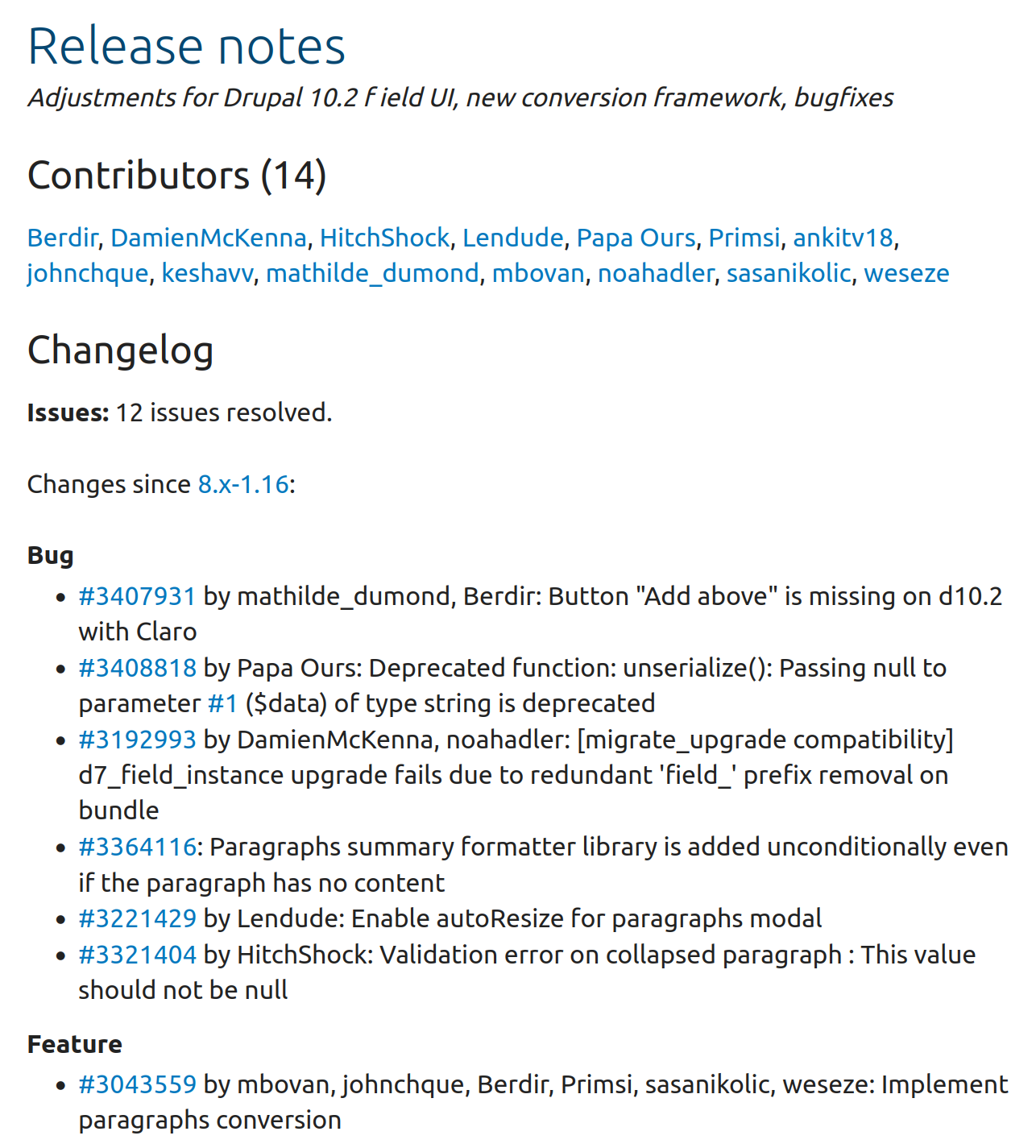 Screenshot of Paragraph release notes